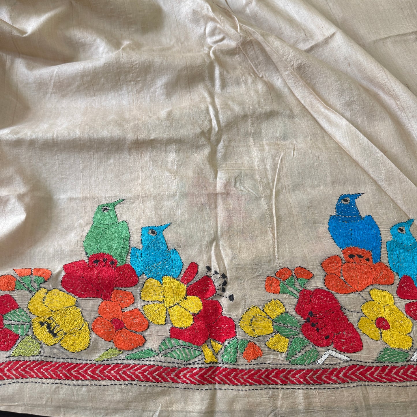 Paakhi Nritya: Beige Tussar Silk Kantha Saree