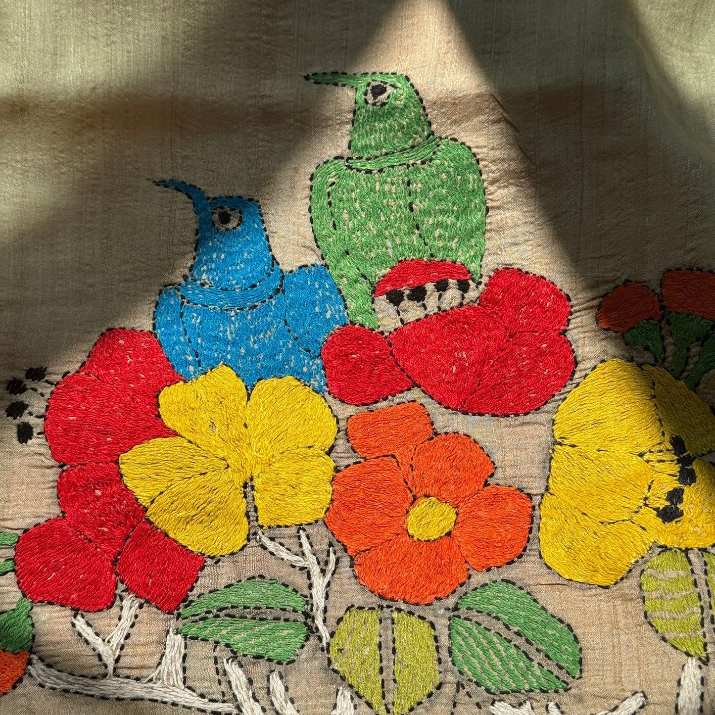 Paakhi Nritya: Beige Tussar Silk Kantha Saree