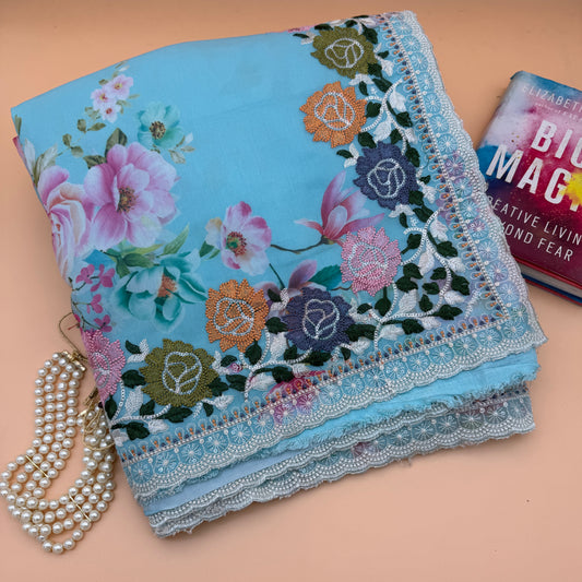 Gulnaar Sky: Blue Floral Georgette Saree