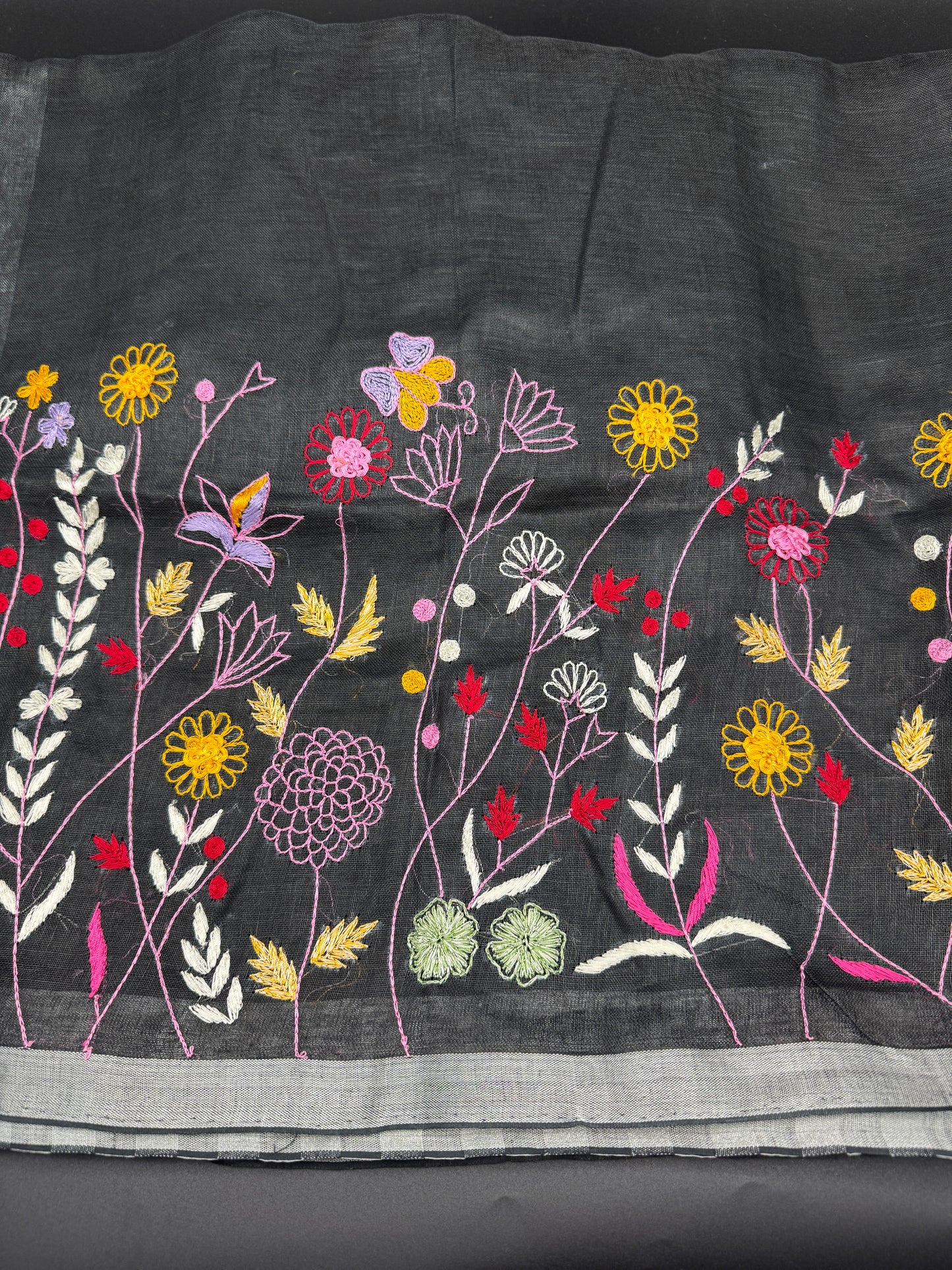 Midnight Meadow: Black Linen Embroidered Saree