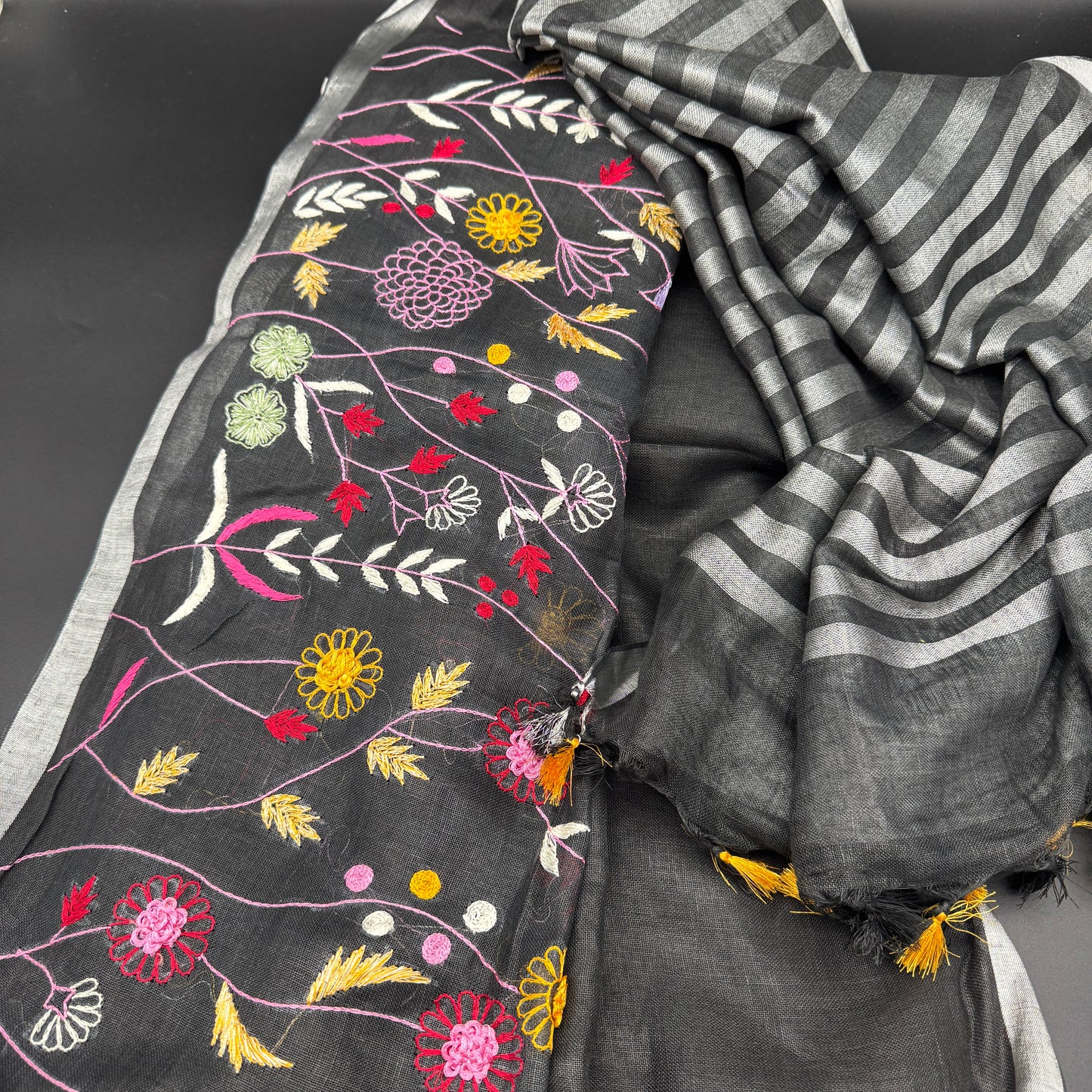 Midnight Meadow: Black Linen Embroidered Saree