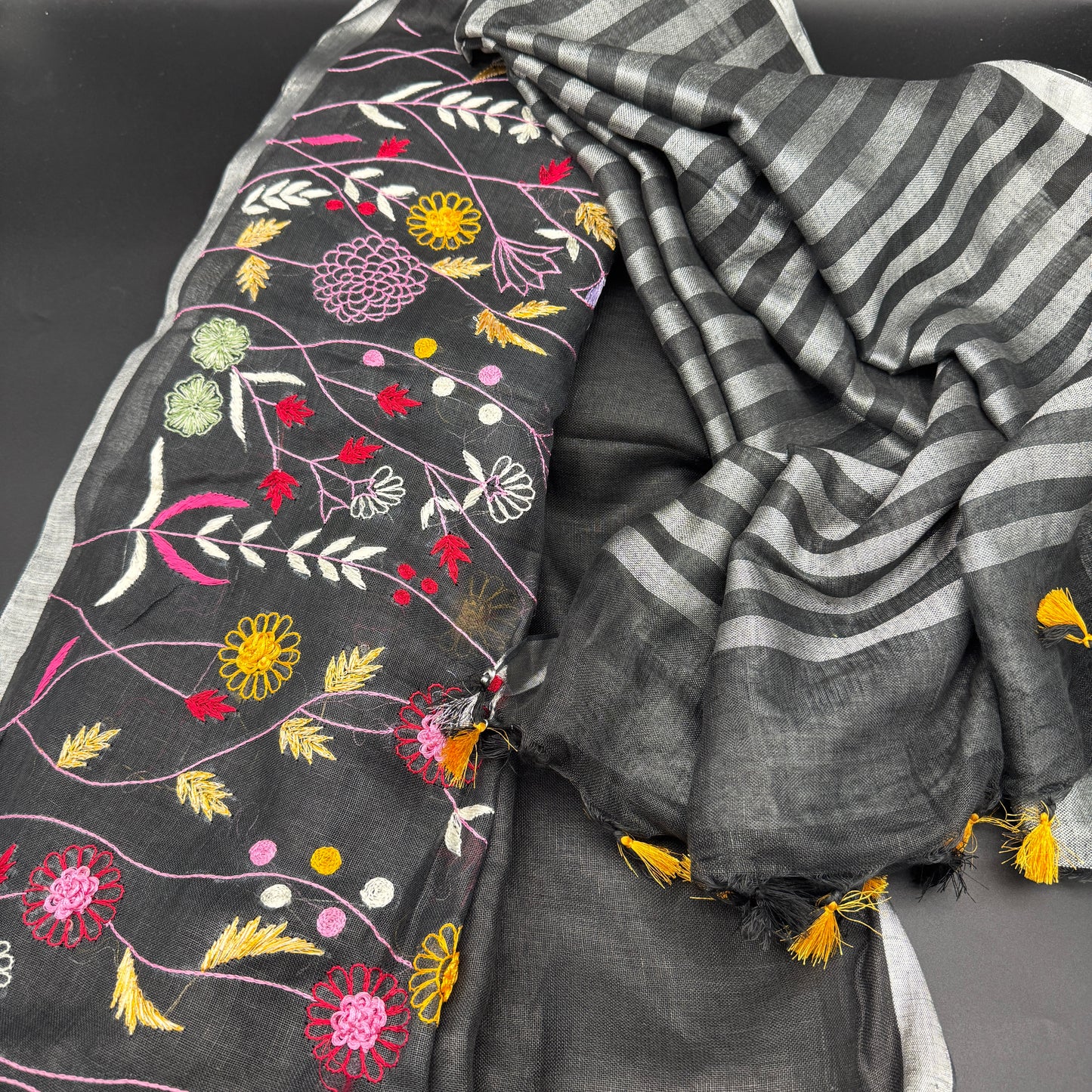 Midnight Meadow: Black Linen Embroidered Saree