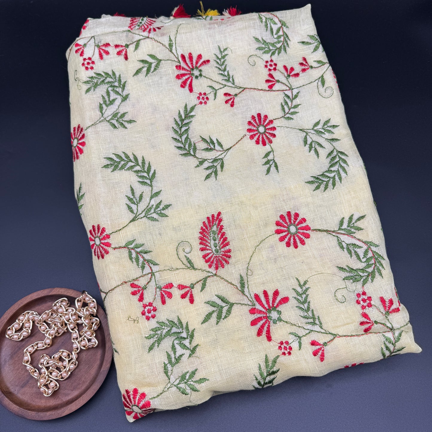 Gulmohar Whisper: Yellow Linen Embroidered Saree