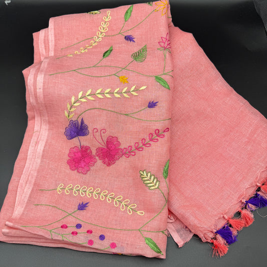 Rose Garden: Pink Embroidered Linen Saree