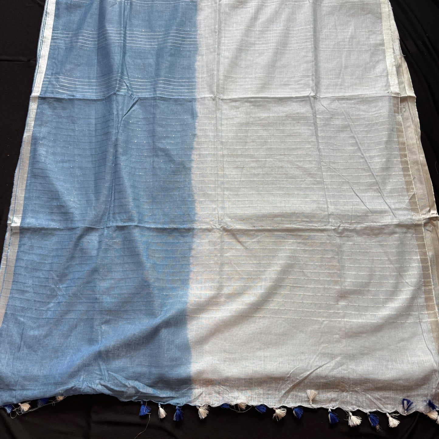 Ocean Mist: Ombre Blue Pure Linen Saree with Sequins