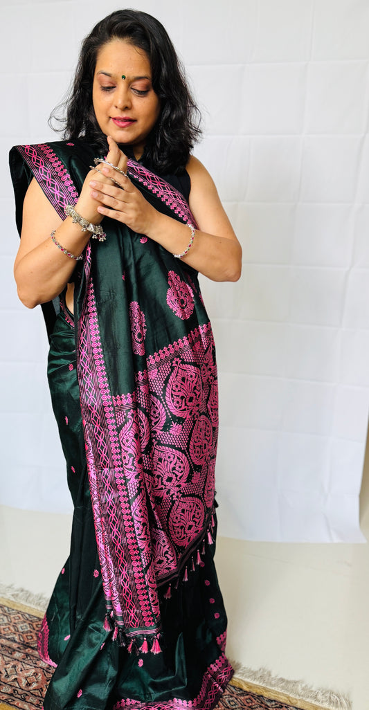 Assam Black Paat Silk Saree with Pink Woven Motifs