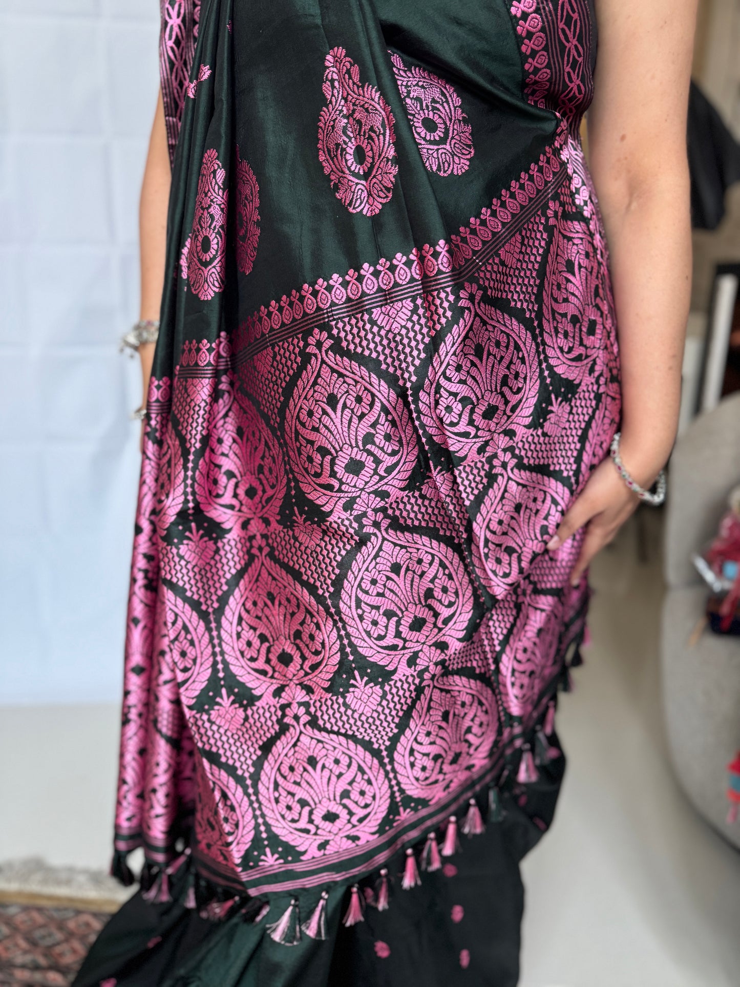 Assam Black Paat Silk Saree with Pink Woven Motifs