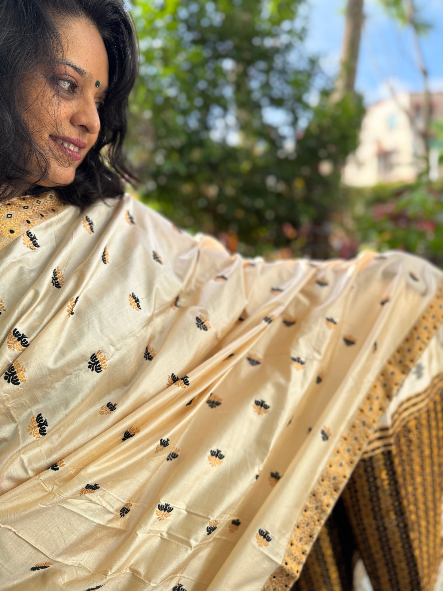 Assam Paat Silk Saree with Cream, Black and Gold Woven Motifs