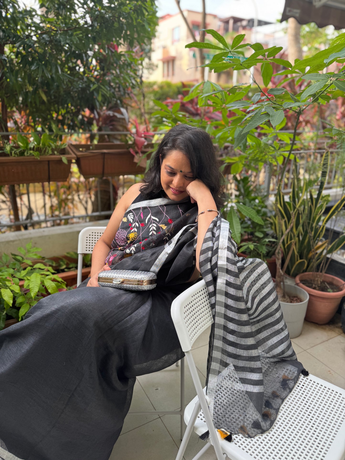 Midnight Meadow: Black Linen Embroidered Saree