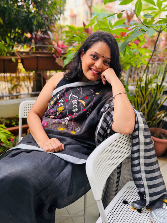 Midnight Meadow: Black Linen Embroidered Saree