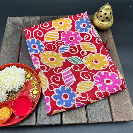 Vrinda: White & Red BLock Print Tussar Silk Saree