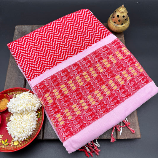 Anura: Pink & Red Cotton Handloom Saree