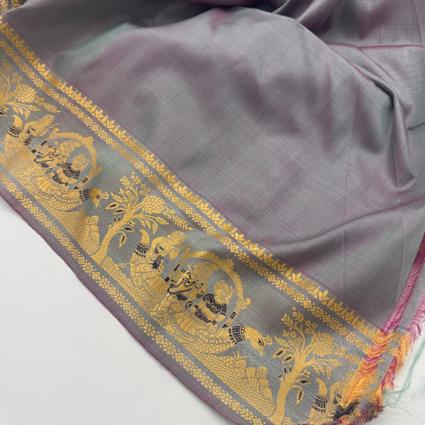 Aparna: Grey Handwoven Katan Silk Baluchari Saree