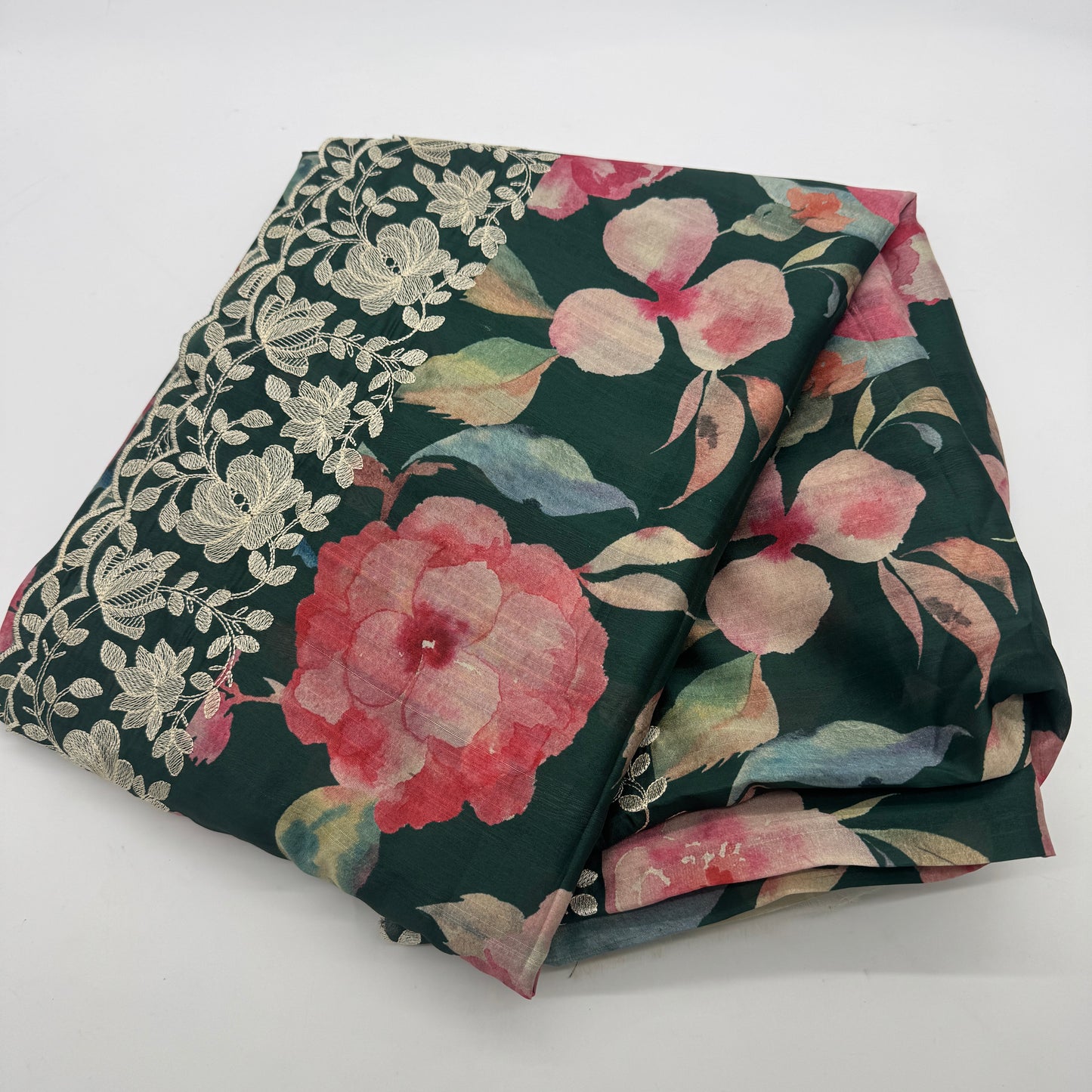 Moonlit Garden: Floral Semi-silk Saree with Embroidery