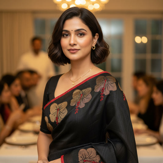 Nightbloom: Black Matka Silk Saree with Translucent Muslin Pallu