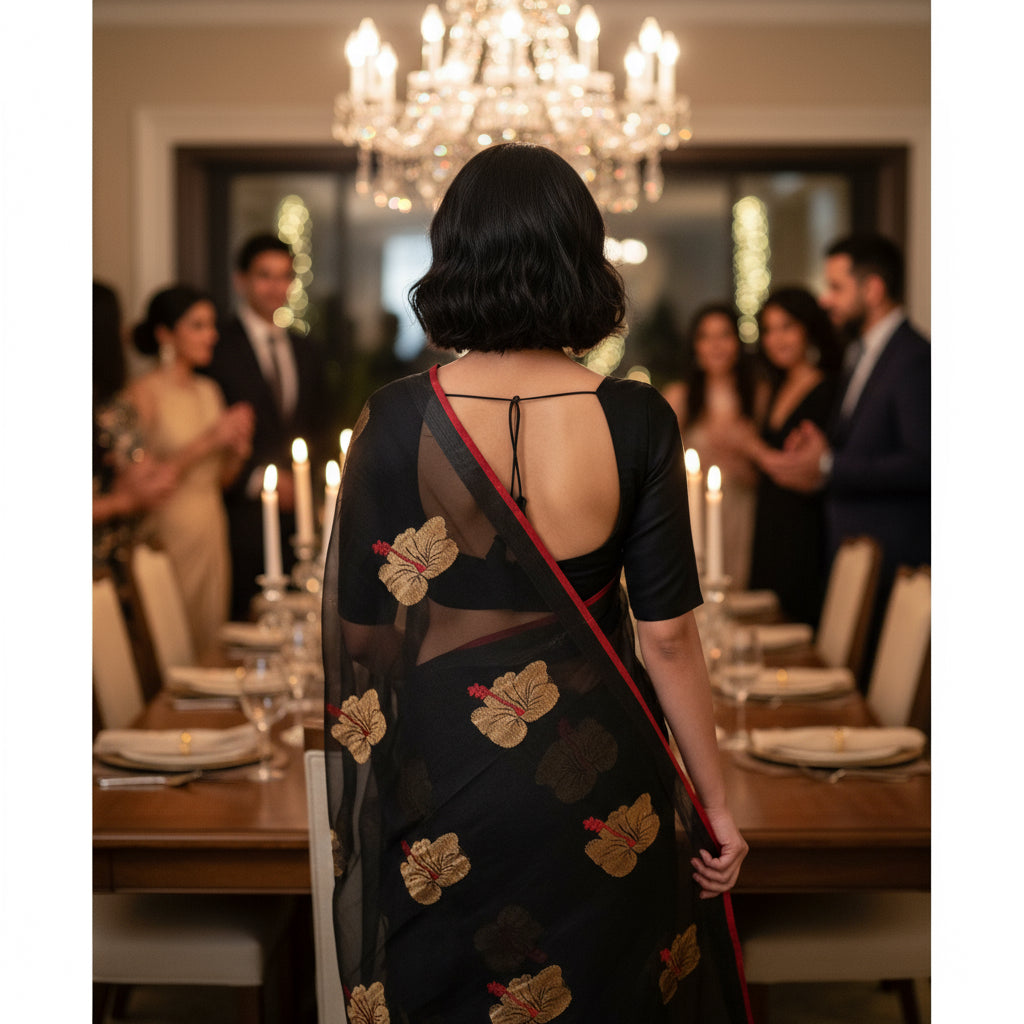 Nightbloom: Black Matka Silk Saree with Translucent Muslin Pallu