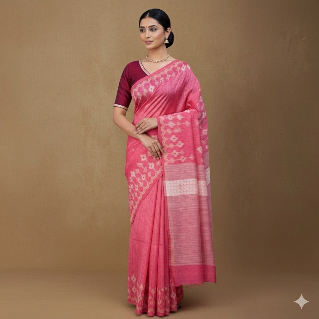 Gulab Tara: Pink Matka Silk Saree with Translucent Muslin Pallu