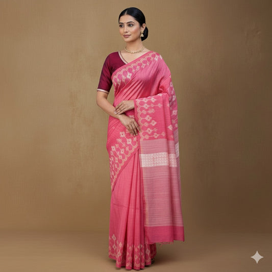 Gulab Tara: Pink Matka Silk Saree with Translucent Muslin Pallu