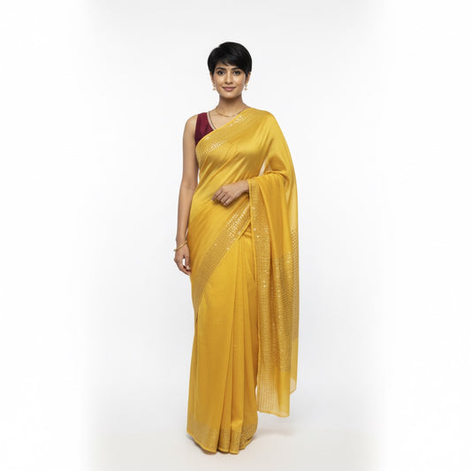 Kanaktara: Yellow Tussar Silk Saree with Sequins