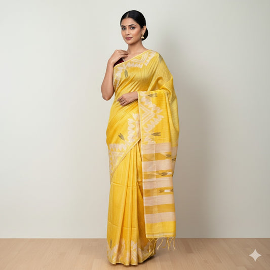 Sunehri Noor: Yellow Matka Silk Saree with Muslin Pallu