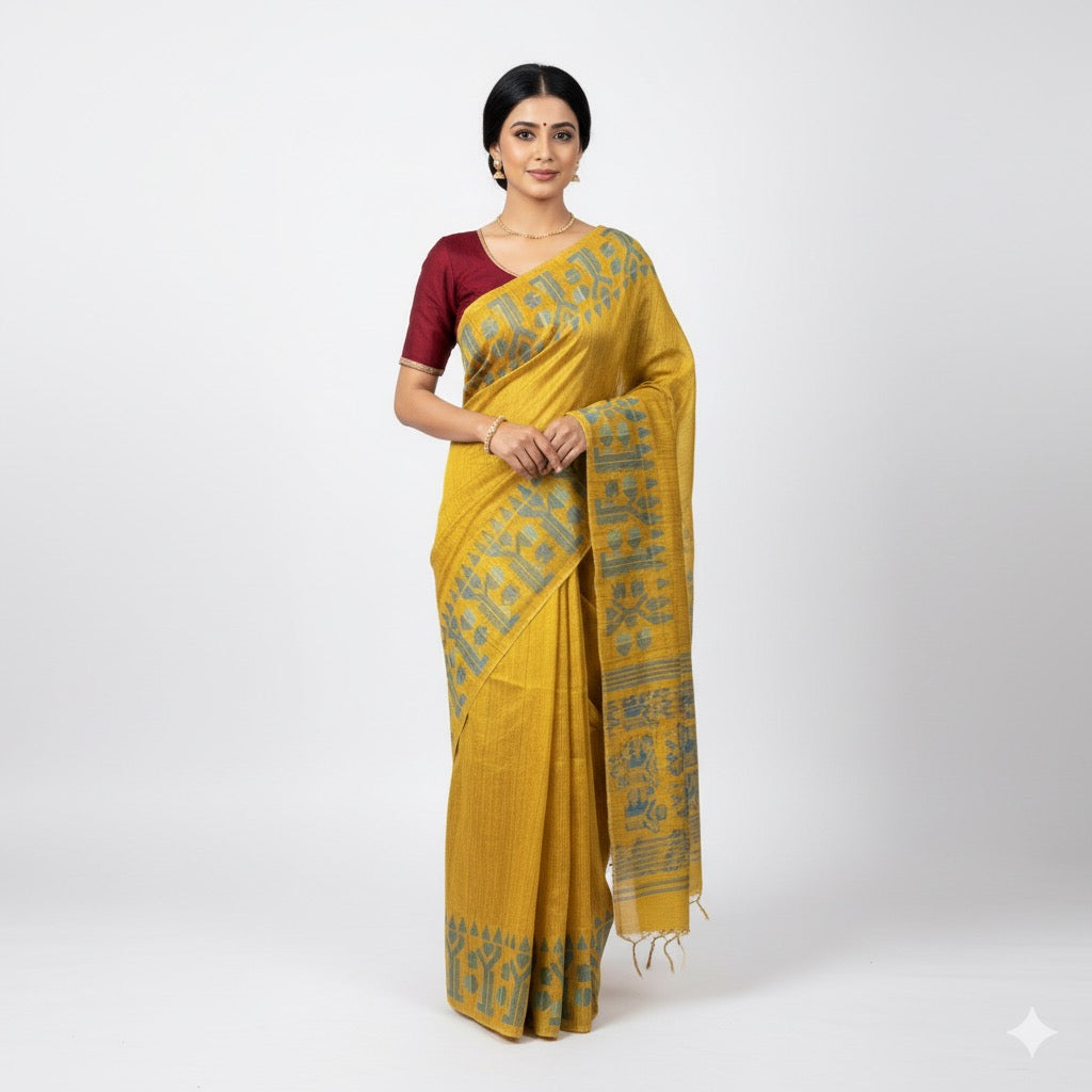 Sonar Tara: Yellow Matka Silk Saree with Green Jamdani Motifs