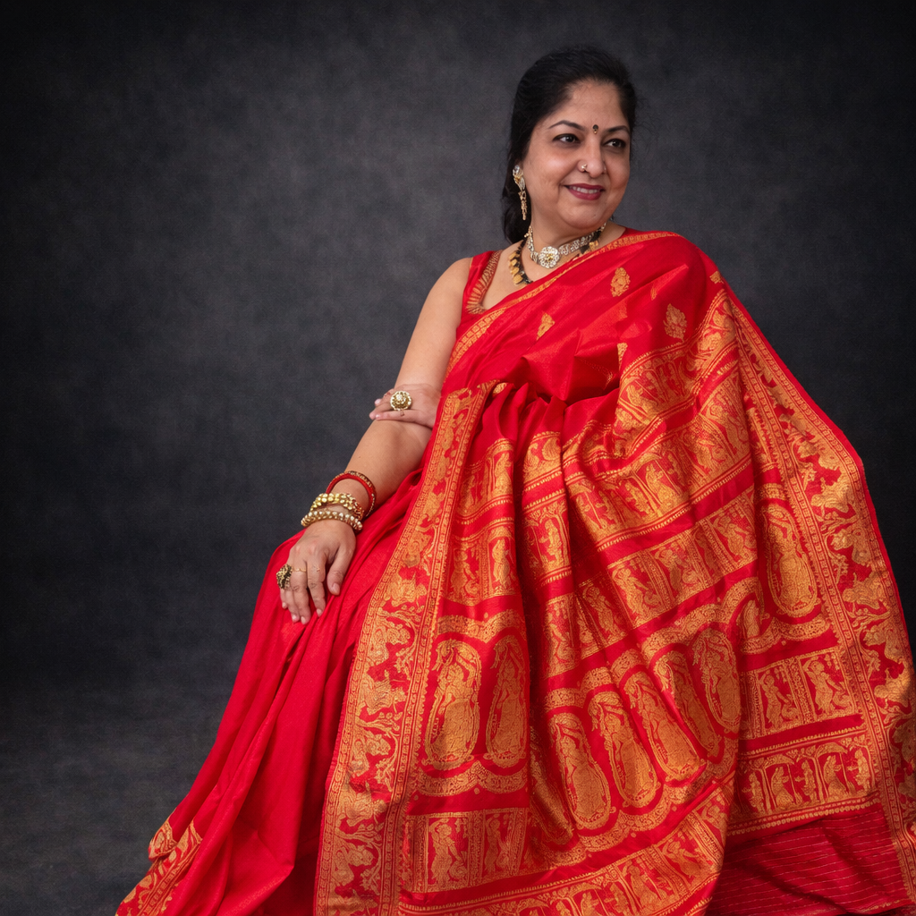 Regalia: Red Baluchari Silk Saree