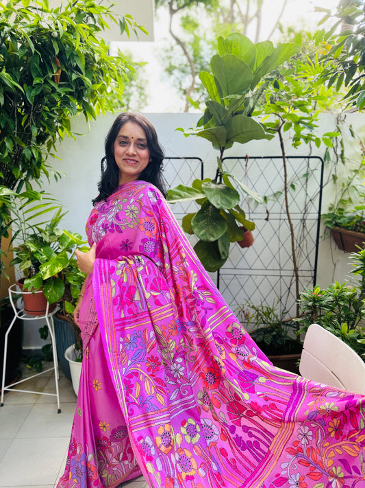 Pink Silk-blend Kantha Saree