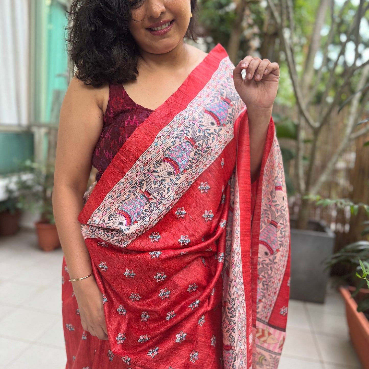 Red Silk Madhubani-Print Saree