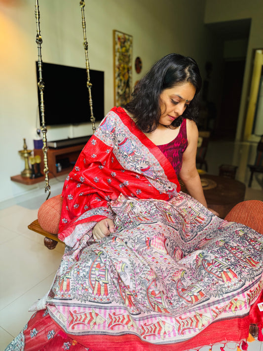 Red Silk Madhubani-Print Saree