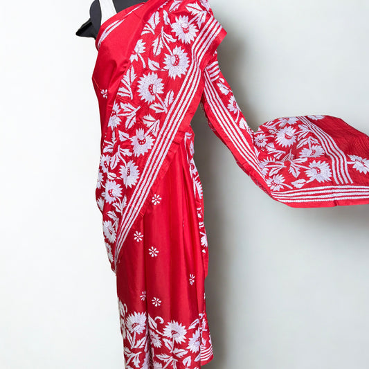 Scarlet Bloom: Red Kantha Embroidery Saree