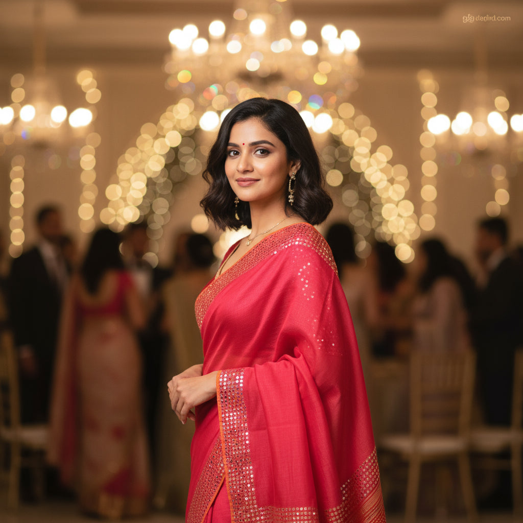 Ronjona: Red Handwoven Tussar Silk Sequins Saree