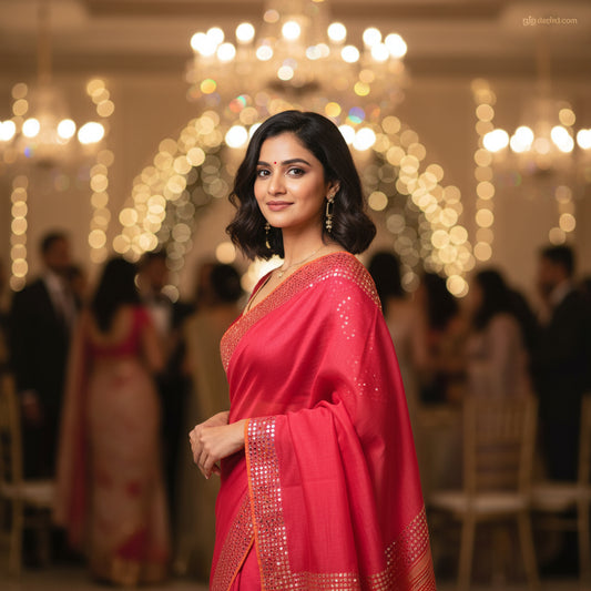 Ronjona: Red Handwoven Tussar Silk Sequins Saree