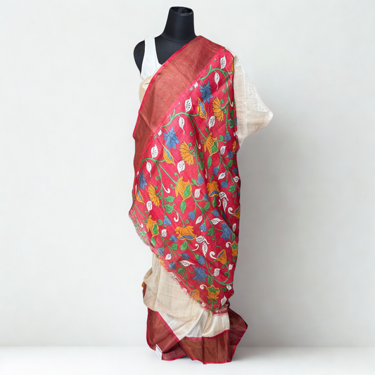 Gulzar: Red and White Block Print Tussar Silk Saree